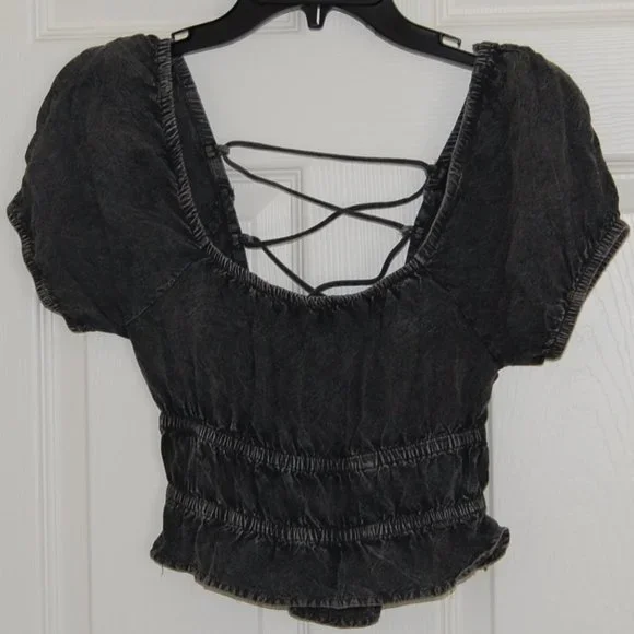 Rebellion Again, Size M, Rayon Crop Top, Strappy Back Off Shoulder, Gray - Picture 10 of 15